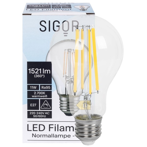 Led-Lampe Filament Klar E27 Dimmbar A70 Full Spectrum RA9 Sigor 6161201-image