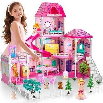 Doloowee Dolls House 3 Storey Dollhouse Playset Furniture Kids Toy Pink