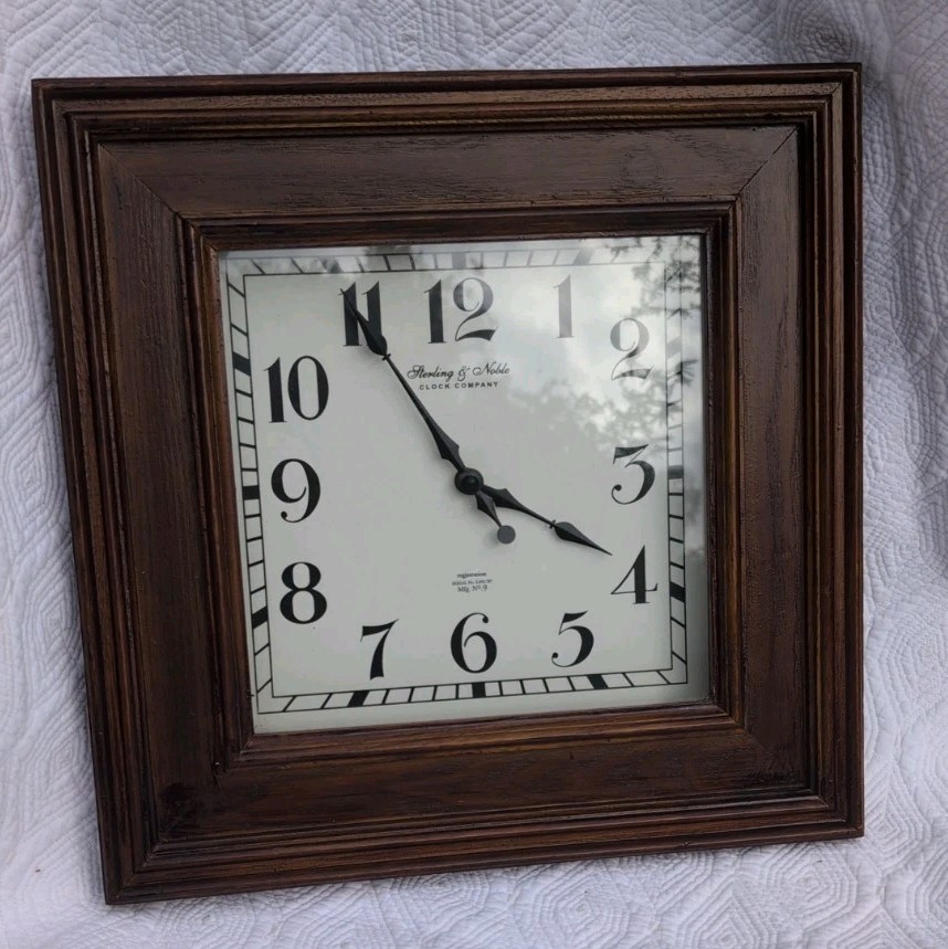 Sterling & Noble Wall Clock Large Square Wood Frame Quartz Analog Home Decor 16"