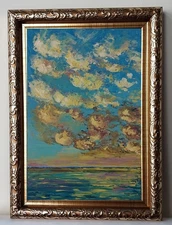 Cloudscape Sunset Skyscape Mini Seascape 4x6” Original oil painting Framed Art