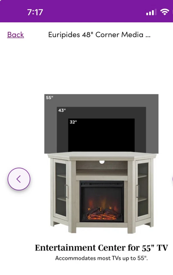 48-дюймовая угловая медиаконсоль Euripides с электрической каминной подставкой для телевизора - Изображение 4 из 4