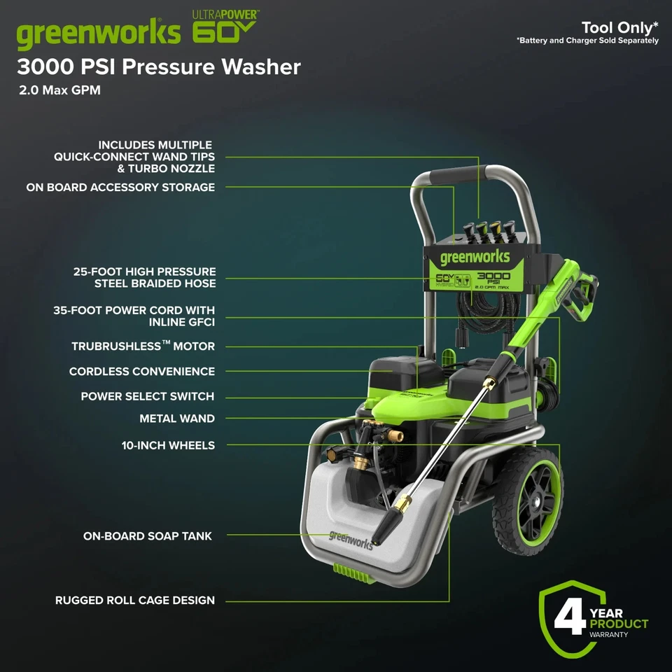 Lavadora a presión eléctrica Greenworks Hybrid 60V 3000 PSI a 2,0 GPM 5128202T Foto 2 de 4