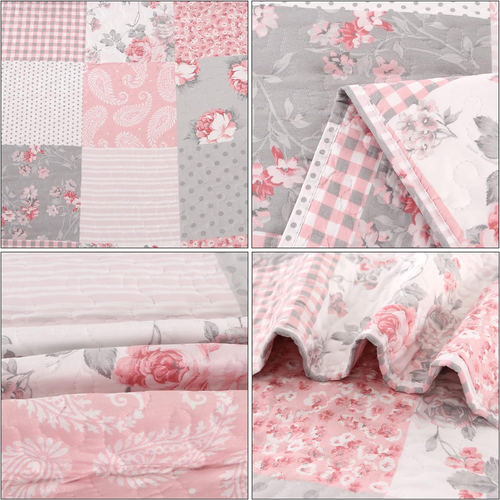 Pink Plaid Patchwork Quilt Set Full Queen Size Floral Rversible Quilted Bedsprea - Picture 7 of 8