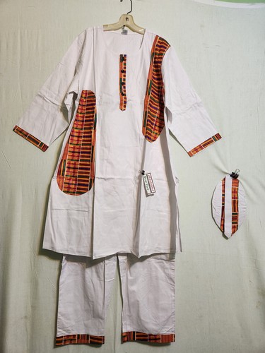 Men African Long Dashiki Pant Suit With Kente Print Patches White Free Size - Picture 7 of 12