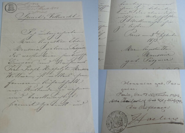 Power of attorney PARIS 1873 by widow MOUSNIER born Pasquier (Hamburg) Dt. Message-
