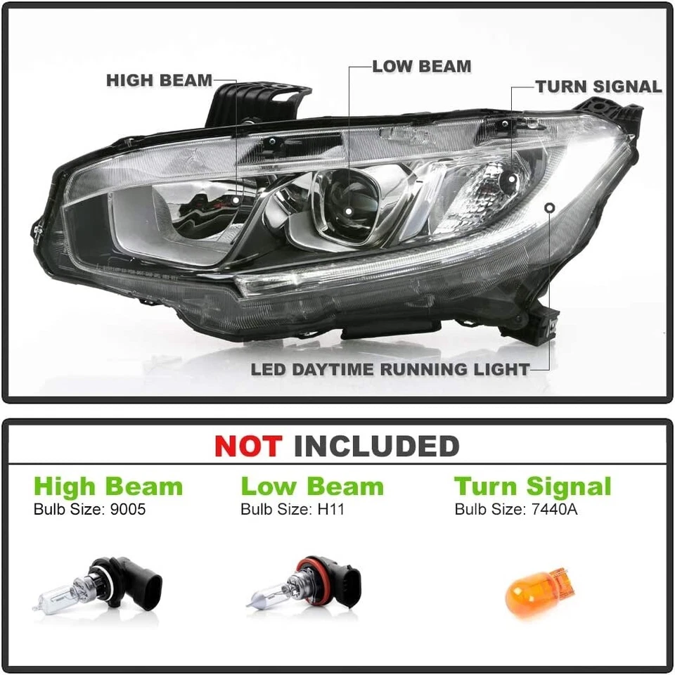 For 2016-2020 Honda Civic Halogen Type Projector Headlights Headlamps Left+Right - Image 2 of 4