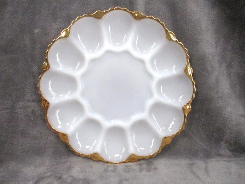 Anchor Hocking Fire King Deviled Egg Plate Milk Glass Gold Trim 10" Diameter VTG