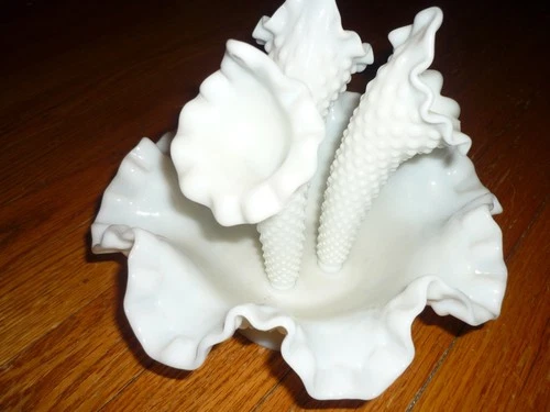 Vintage Circa 1950s-60s Fenton Art Glass Milk Glass Hobnail Epergne Three Lily