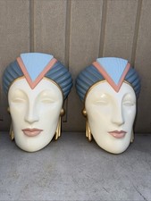 Coppia di maschere da donna vintage in ceramica art deco cantate dall'artista 7,5'