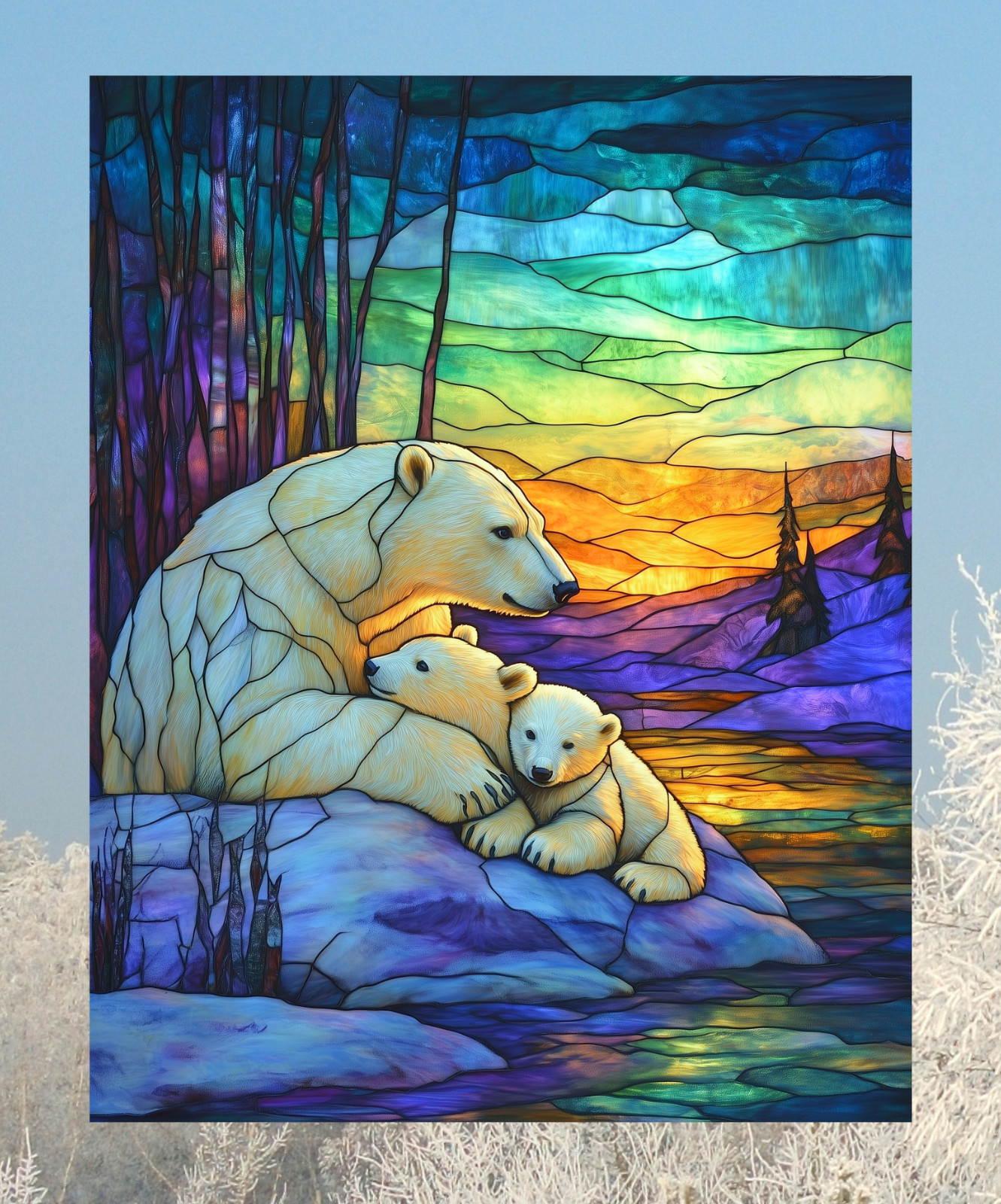 Polar Bear Family Faux Stained-Glass WINDOW CLING Size 10.2" Vinyl