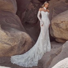 Long Sleeved Off Shoulder Mermaid Wedding Dress Button Decal Lace Bridal Gown