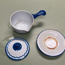 Wolverine Vintage Toy Kitchen Enamelware Pot, Pan, Lid  Plate Blue White
