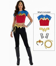 DC Wonder Woman Adult Costume Kit L/XL Shirt Belt Wrist Guards Headband Lasso 43