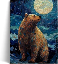 Mosaic Bear Wall Art,Starry Sky Dreamy Constellation Animal Canvas Print,Kid's R