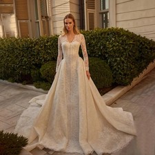 Lace Applique Long Sleeve V Neck Wedding Dress A Line Elegant Church Bridal Gown