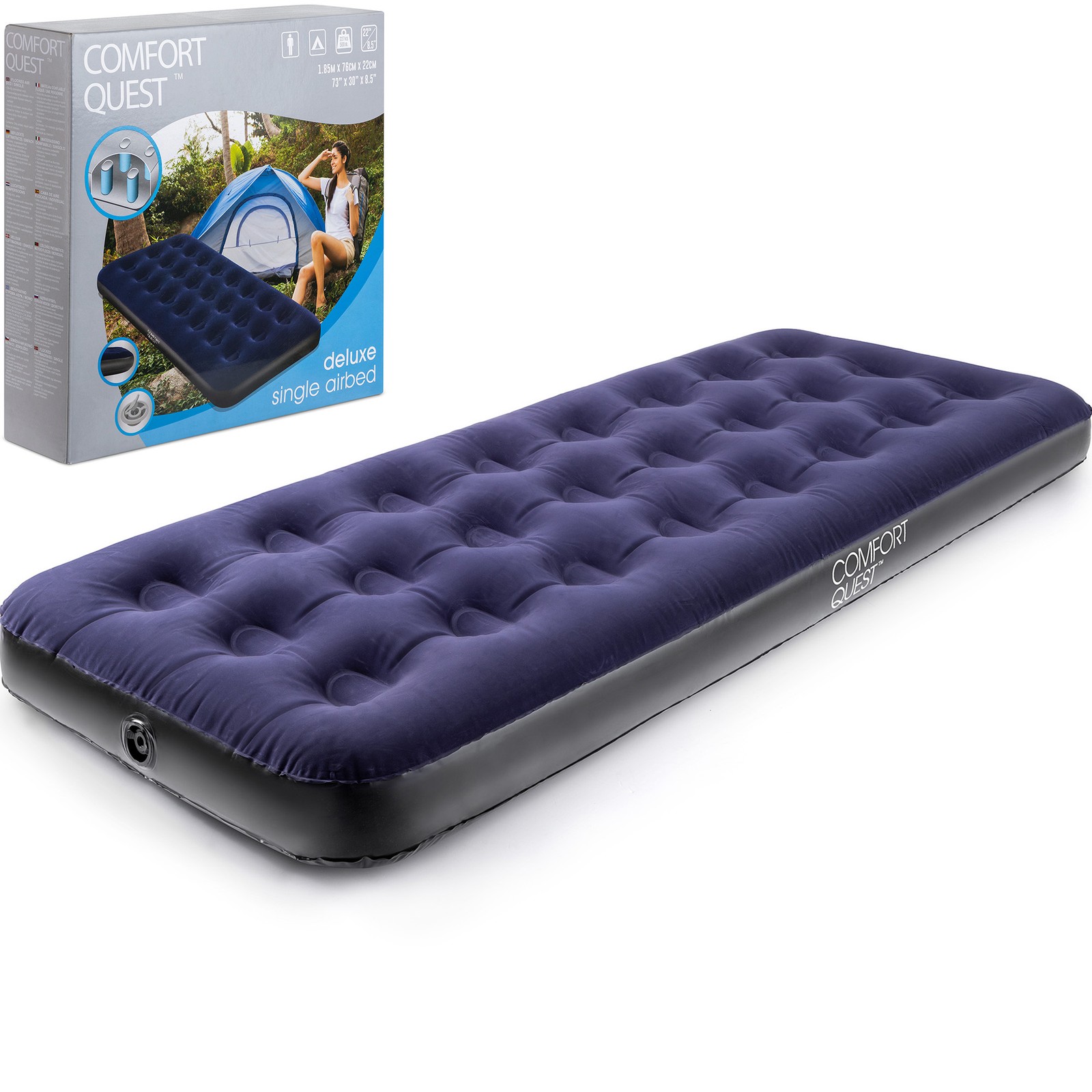 Single Air Bed Inflatable Airbed Flocked Camping Guest Mattress Comfort Quest