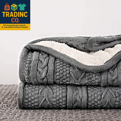 Acrylic Cable Knit Sherpa Throw Blanket - Thick, Soft, Big, Cozy Grey Knitted Fl