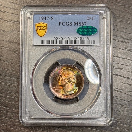 MS67 CAC 1947-S Washington Silver Quarter PCGS Trueview- Rainbow Toned w/ LUSTER - Picture 8 of 10