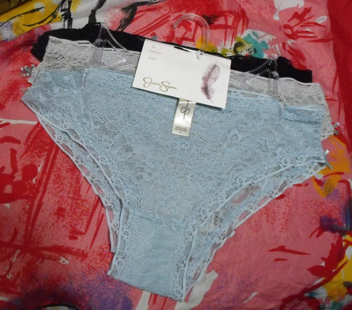 3 JESSICA SIMPSON RIBBON ACCENT CHEEKY LACE HIPSTER PANTIES L