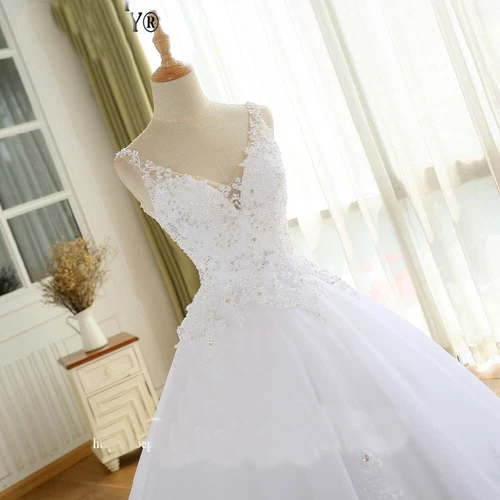Princess Beaded Wedding Dresses Sleeveless Plus Size V-neck Bridal Gown Applique - Picture 6 of 12