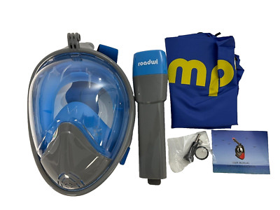 ROADWI Full Face Snorkel Mask Easy Breath Panoramic 180 View Gray/Blue sz L/XL