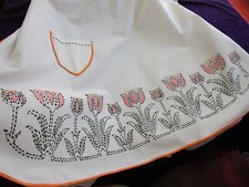 Vintage 1930s HANDMADE LONG APRON  embroidered tulips on white w/ orange piping