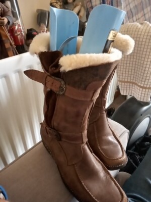 Womens Size Brown Leather Buckle, Zip, Faux Fur Lined Boots