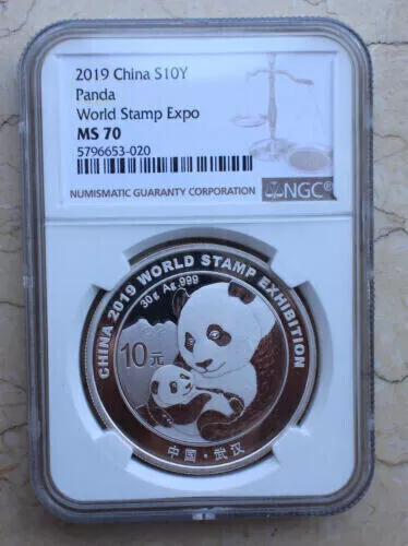 NGC MS70 China 2019 Silver 30g Commemorative Panda Coin - World Stamp Exhibition