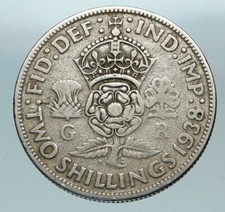 1938 United Kingdom Great Britain GEORGE VI Silver Florin 2 Shilling Coin i84289