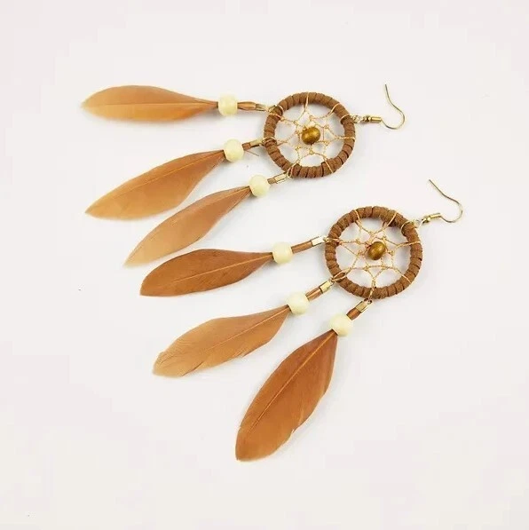 Pendientes Bohemios Marrón Atrapasueños Pendientes Pluma - Boho Borla Larga Elegante Foto 2 de 2