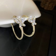 CZ butterfly gold hoop earrings for women