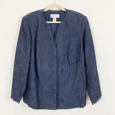 Elana By Tanner Jacket Blazer Blue Textured Long Sleeves Pockets Silk Blend