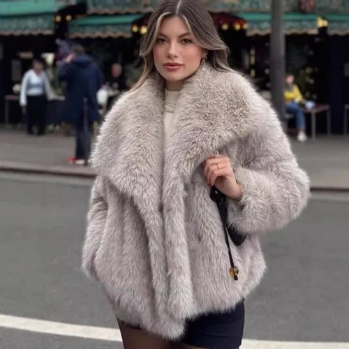 OFF WHITE Giacca cappotto donna invernale calda pelliccia sintetica girocollo maniche lunghe casual corto