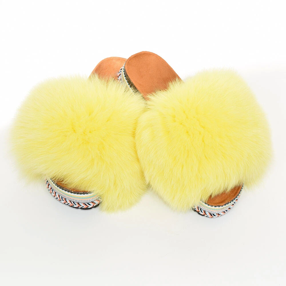 Platform Slides with Yellow Fox Fur Slippers High Sole Sandals With Fur