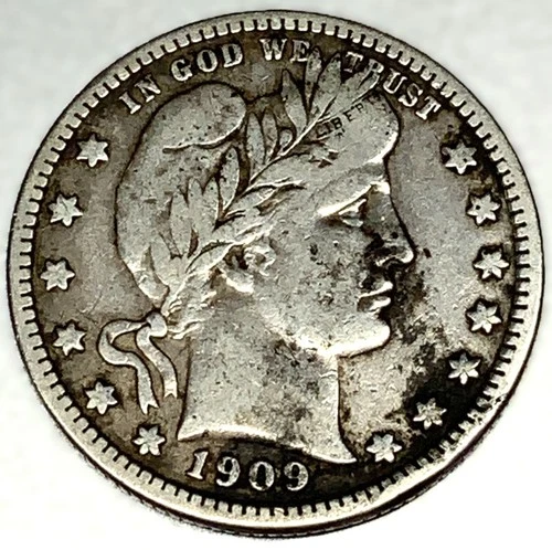 1909 D Barber Quarter Dollar 25 Cents Fine Details Condition - 1877