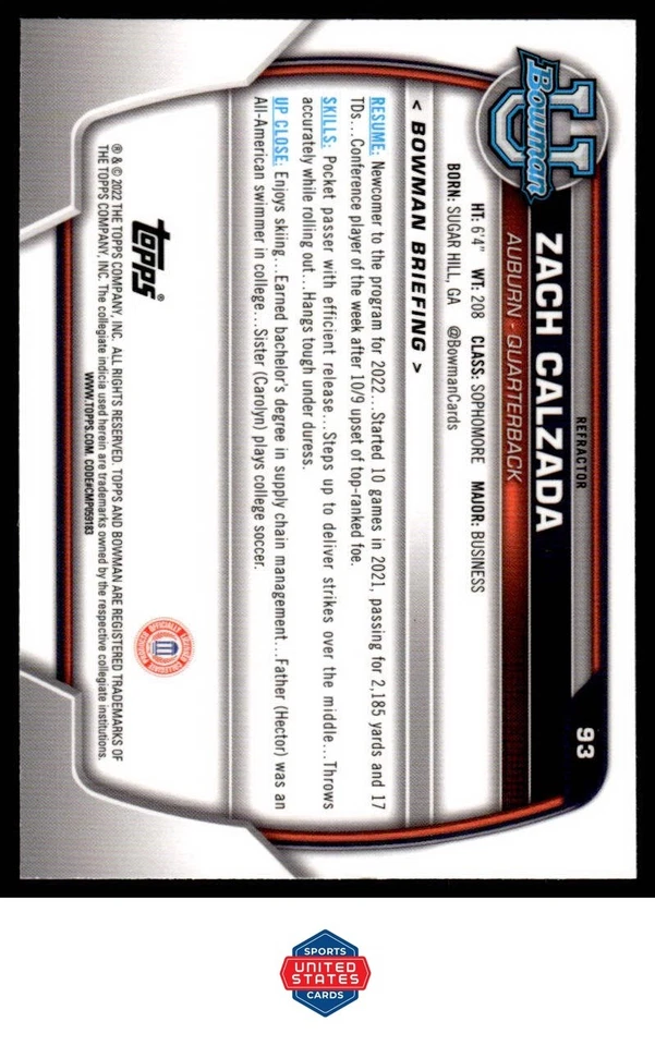 2022 Bowman University Chrome #93 Zach Calzada Refractor - Image 2 of 2