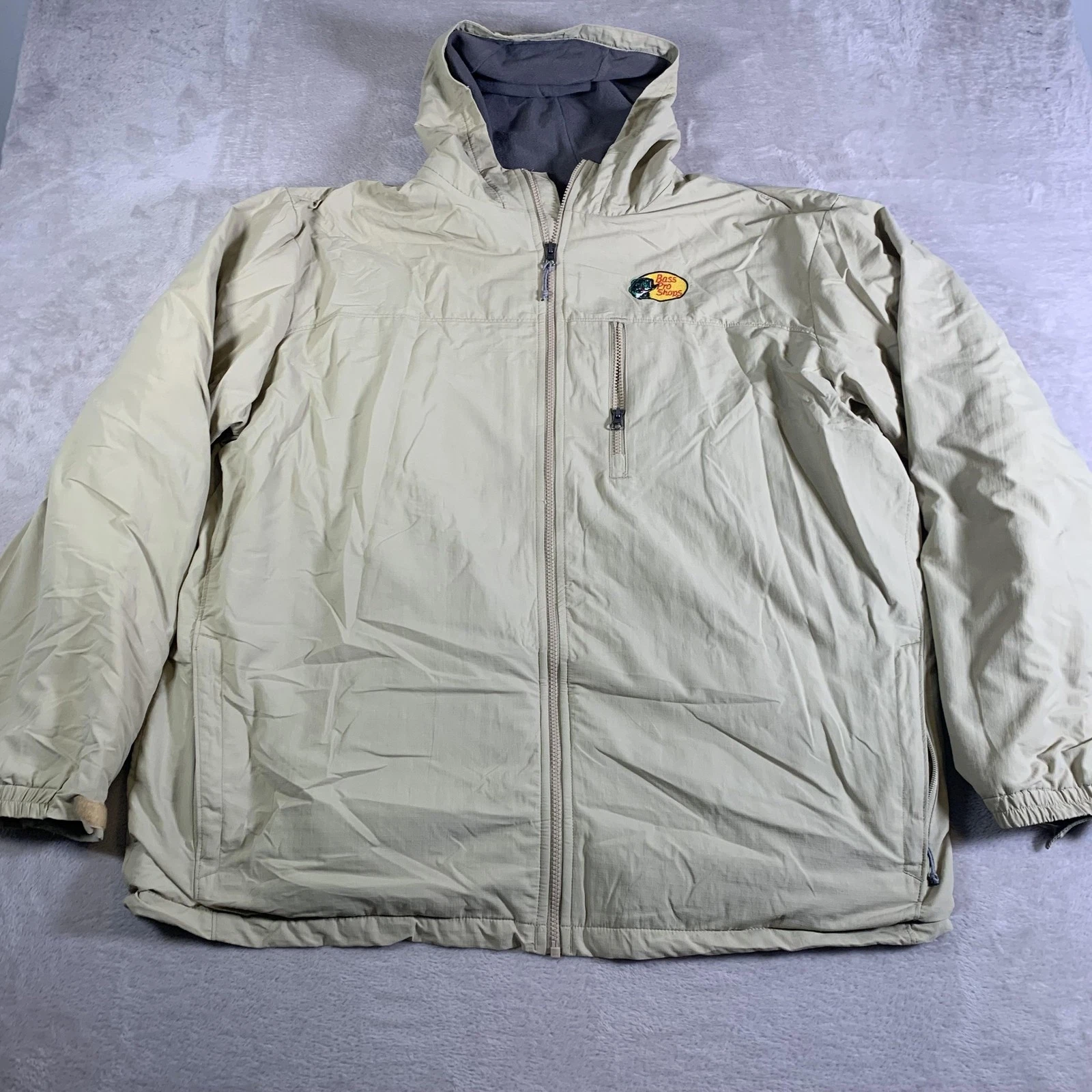 Bass Pro Shops Jacket Mens 2XLT Khaki Hooded Full Zip Fleece Lined Fishing Logo