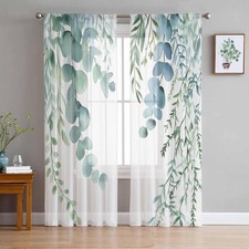 Eucalyptus Leaves Sheer Curtains 2 Panels 84"x52" Sage Green Voile Drapes