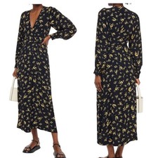 GANNI Black Yellow Floral Crepe Long Sleeve Midi Wrap Dress - 32/0