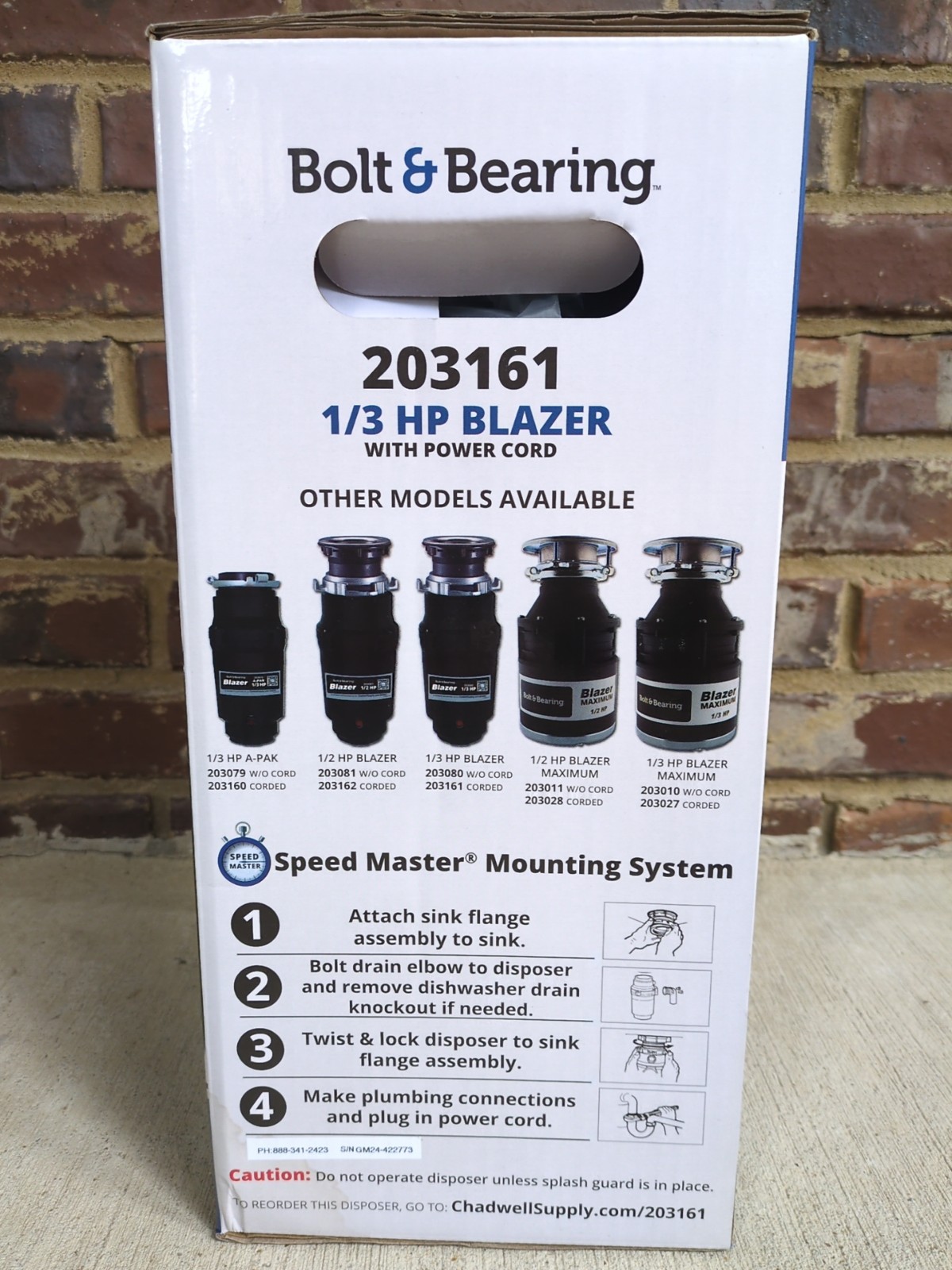 Bolt & Bearing 1/3  HP Blazer Garbage Disposal Wth Power Cord Septic Safe 203161