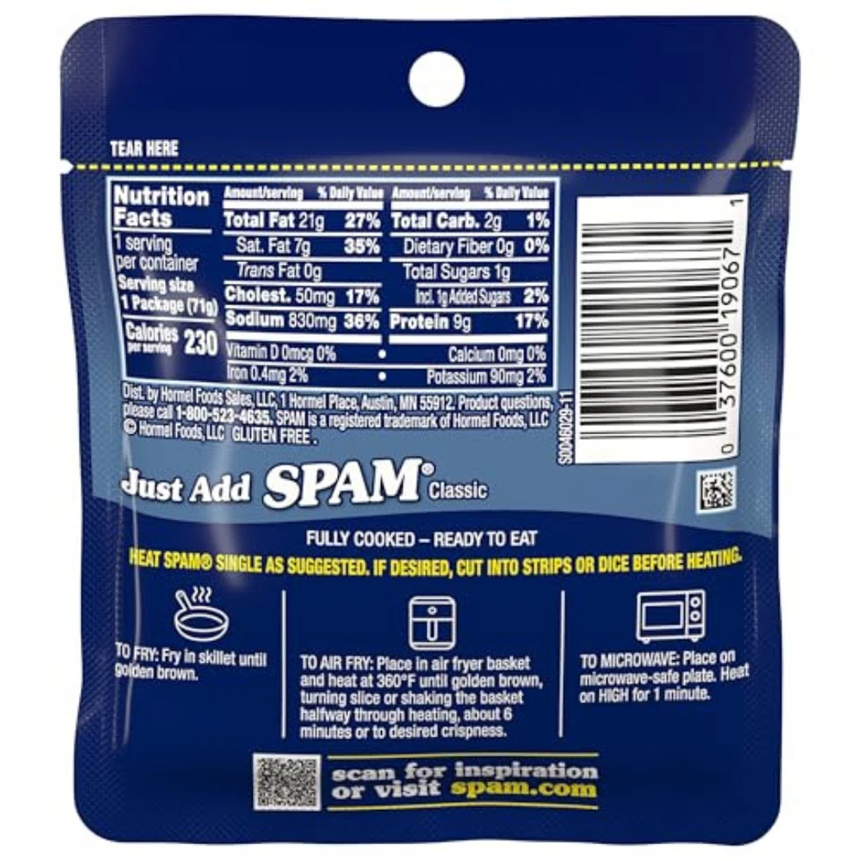 Paquete de 12 bolsas individuales clásicas SPAM de 2,5 onzas de carne de cerdo y jamón completamente cocidos 9 g de p... Foto 4 de 4
