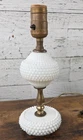 Vintage 10" Hobnail Milk Glass Boudior Bedside Table Lamp Round Stem 3 FOOTED