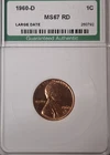 1960 D Lincoln 1C Uncirculated LARGE DATE Wheat Cent Red Uncertified ANI