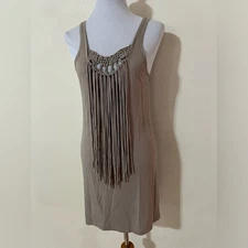 Trina Turk taupe fringe macrame mini shift dress SMALL