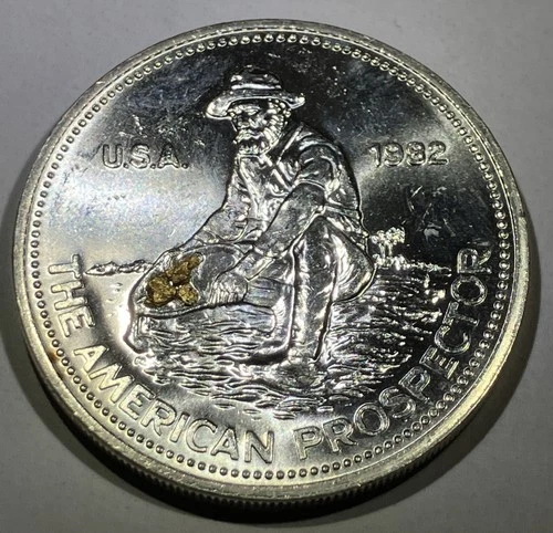 1982 Engelhard 1oz Silver American Prospector With GOLD NUGGETS Big E On Reverse