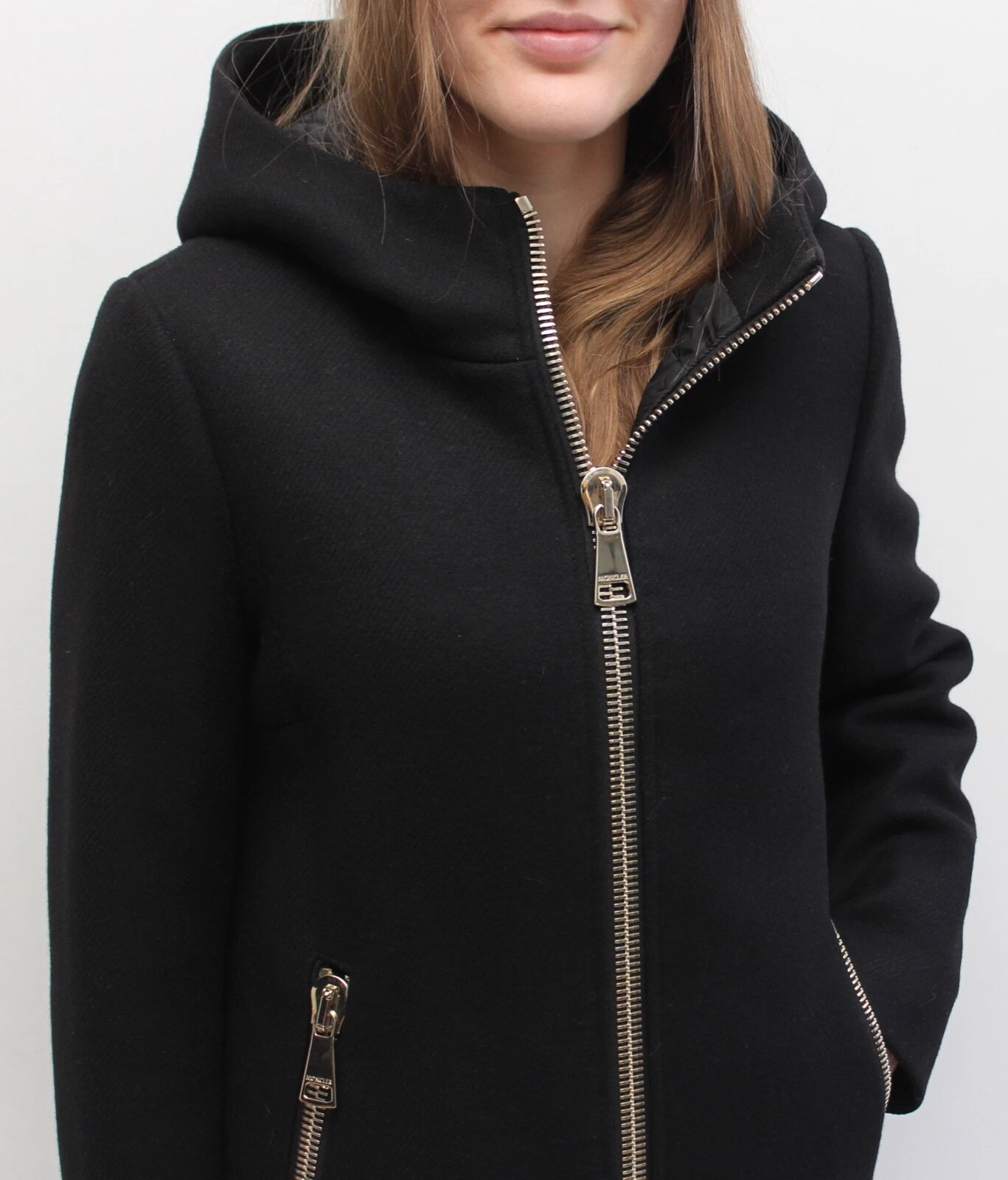 Autentico cappotto giacca piumino lana donna MONCLER Arbu con cappuccio nero 1 S