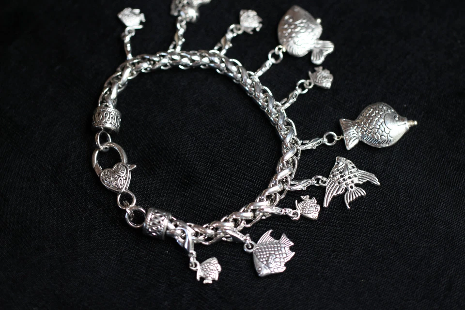 Pulsera Temática Pez Dijes Plata Peltre 8" Intercambiable Pesca Regalo Foto 2 de 4