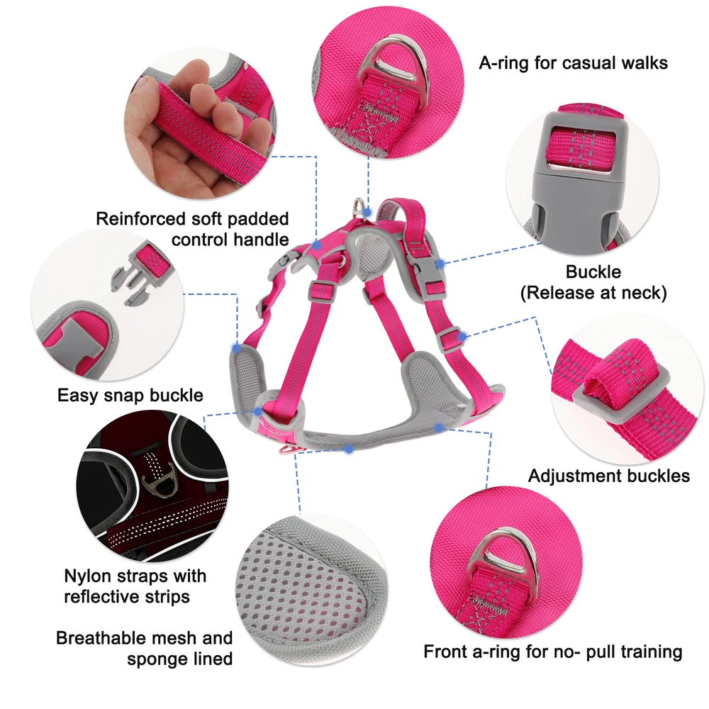 Dog Harness Reflective Adjustable Dog Vest Harness for Small Dogs Rose Red