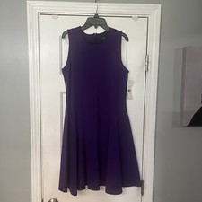 Ralph Lauren Plum Black Faux Leather Trim Ponte A-Line Sleeveless Dress Size M