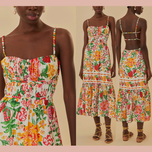 NWD $235 Farm Rio [ Large ] Strawberry White Floral Sketch Midi Dress # ...